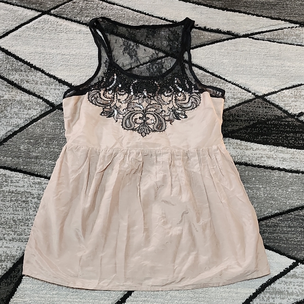 MISS ME EMBROIDERED BLK LACE SEQUIN BEADS COTTON/SILK FAWN SLEEVELESS TUNIC TOP